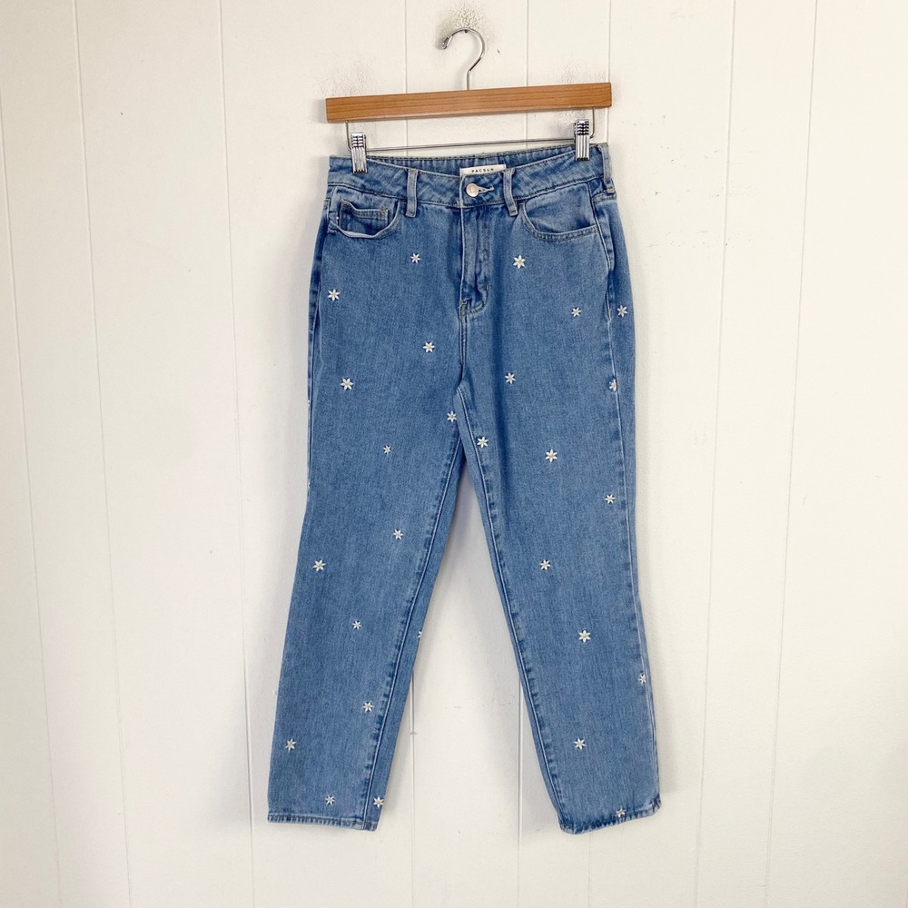 PacSun Daisy Embroidered Mom Jean Blue High Rise Denim Pants Size 25